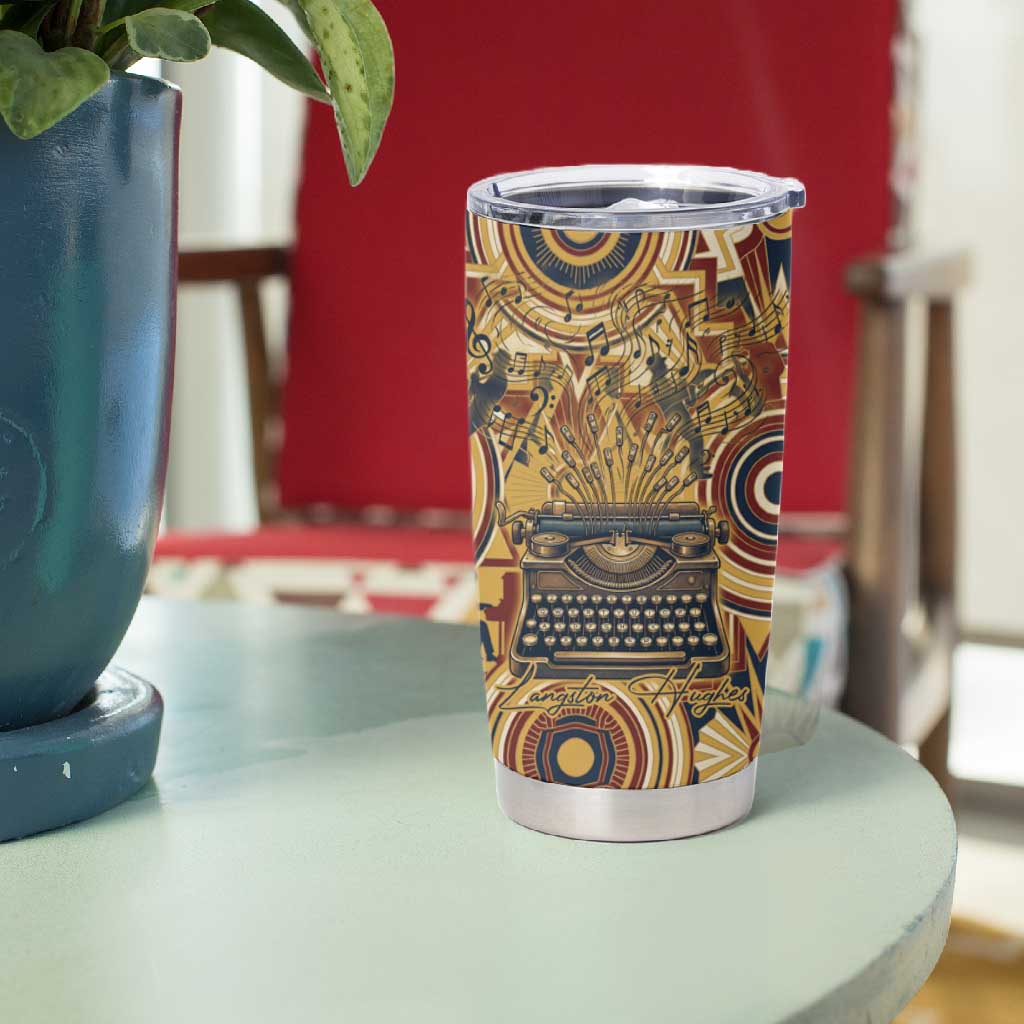 Langston Hughes Tumbler Cup Vibrant Jazz Age Pattern - Typewriter and Silhouettes Celebration of Harlem Renaissance - African Pride