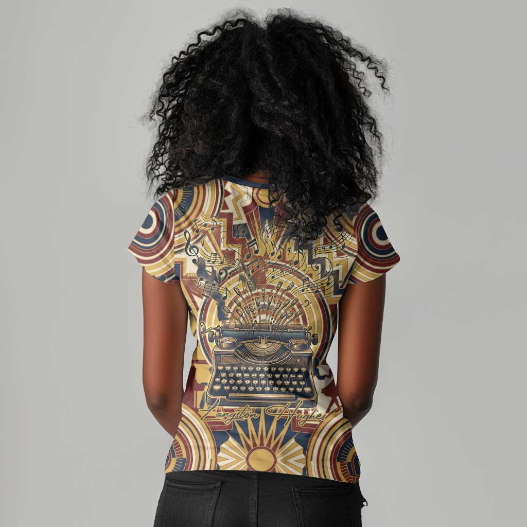 Langston Hughes Women V-Neck T-Shirt Vibrant Jazz Age Pattern - Typewriter and Silhouettes Celebration of Harlem Renaissance - African Pride
