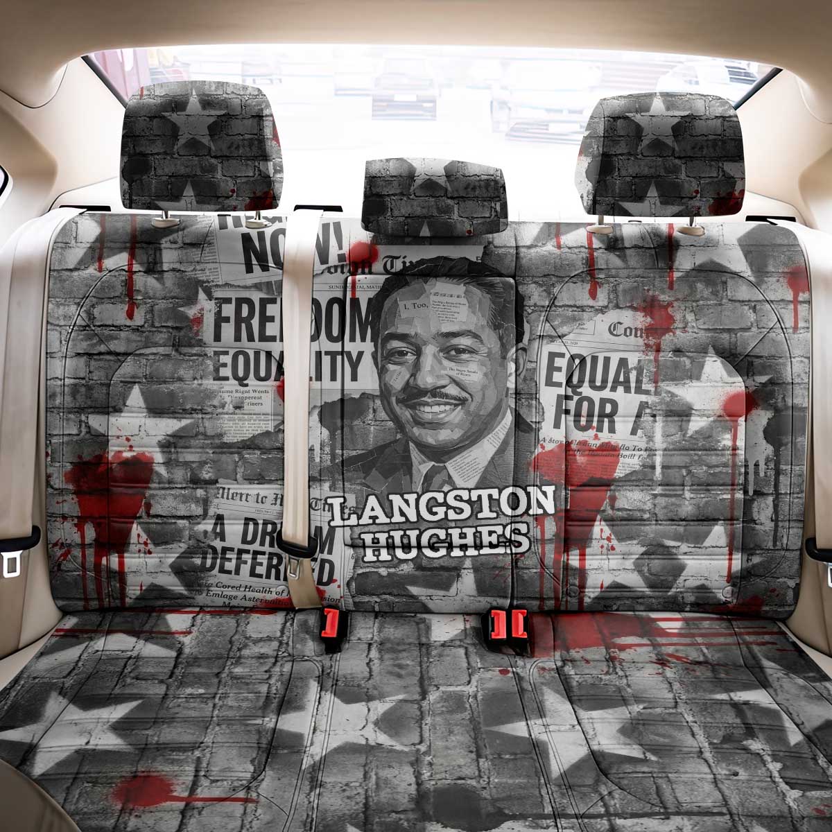 Langston Hughes Back Car Seat Cover Urban Brick Wall Design with Protest Art and Poetry Powerful Quotes - African Pride