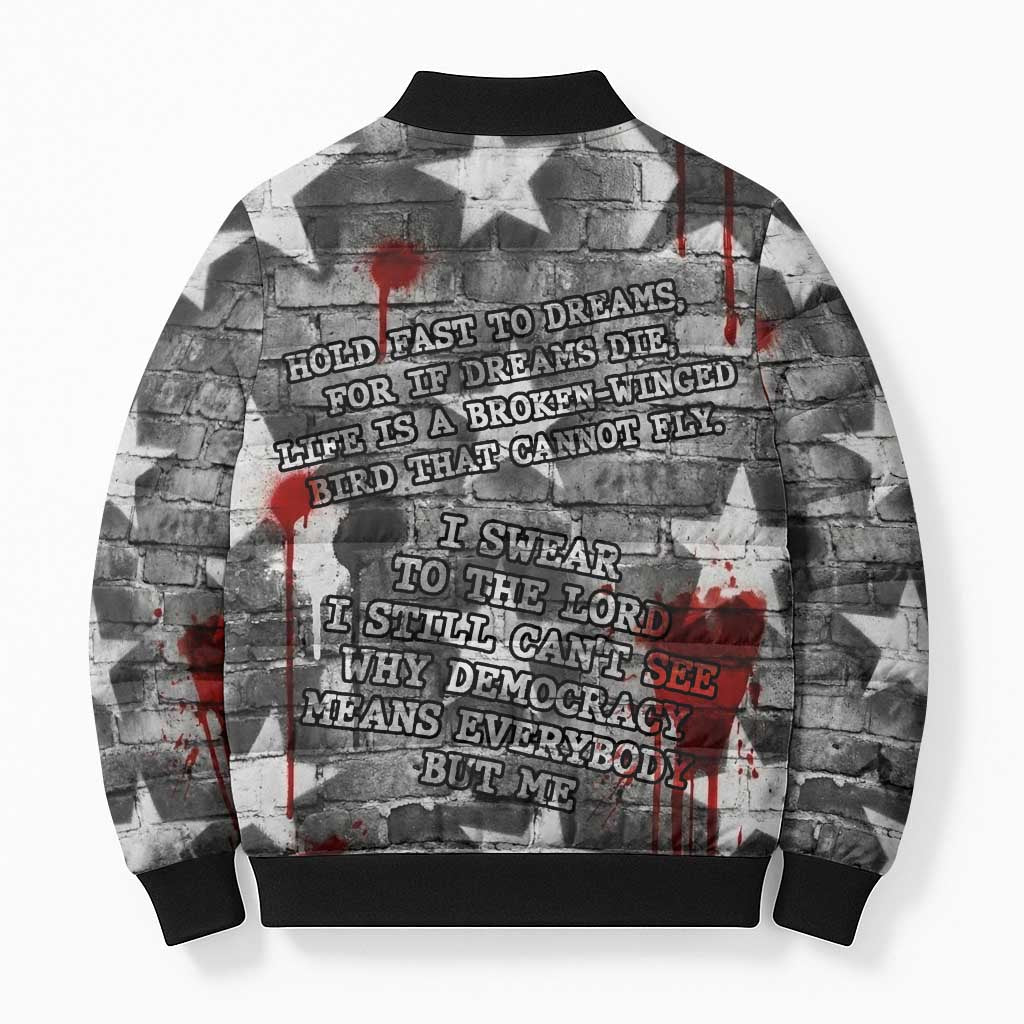 Langston Hughes Bomber Puffer Jacket Urban Brick Wall Design with Protest Art and Poetry Powerful Quotes - African Pride