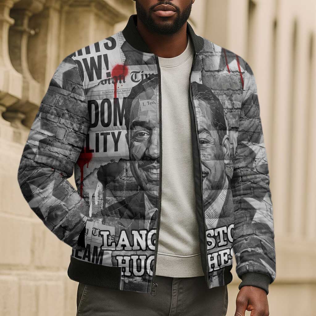 Langston Hughes Bomber Puffer Jacket Urban Brick Wall Design with Protest Art and Poetry Powerful Quotes - African Pride