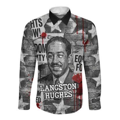 Langston Hughes Long Sleeve Button Shirt Urban Brick Wall Design with Protest Art and Poetry Powerful Quotes - African Pride