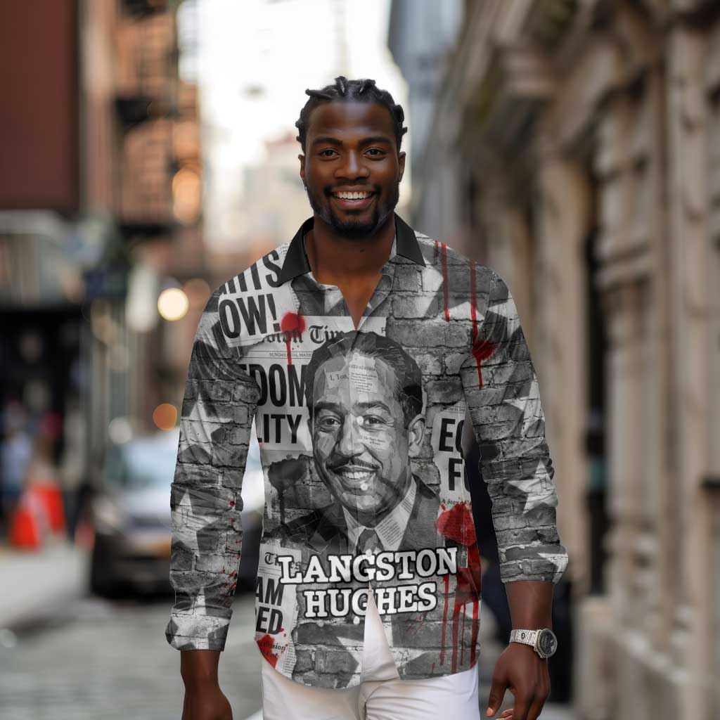 Langston Hughes Long Sleeve Button Shirt Urban Brick Wall Design with Protest Art and Poetry Powerful Quotes - African Pride