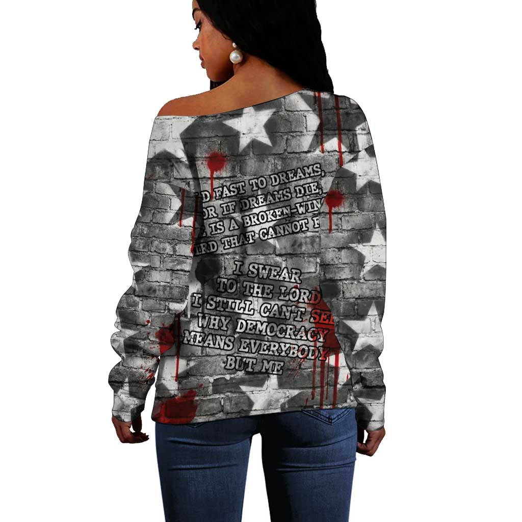 Langston Hughes Off Shoulder Sweater Urban Brick Wall Design with Protest Art and Poetry Powerful Quotes - African Pride