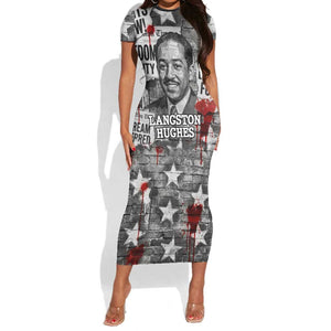 Langston Hughes Short Sleeve Bodycon Dress Urban Brick Wall Design with Protest Art and Poetry Powerful Quotes - African Pride