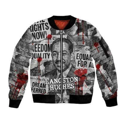Langston Hughes Sleeve Zip Bomber Jacket Urban Brick Wall Design with Protest Art and Poetry Powerful Quotes - African Pride