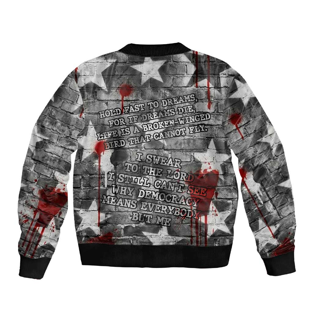 Langston Hughes Sleeve Zip Bomber Jacket Urban Brick Wall Design with Protest Art and Poetry Powerful Quotes - African Pride