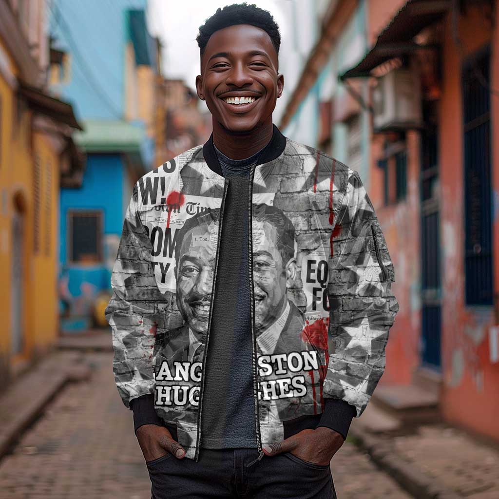 Langston Hughes Sleeve Zip Bomber Jacket Urban Brick Wall Design with Protest Art and Poetry Powerful Quotes - African Pride