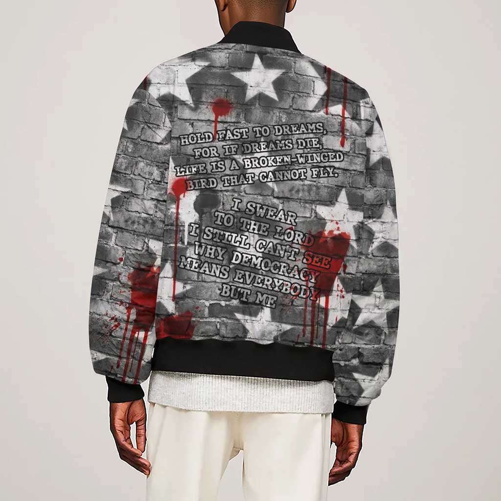 Langston Hughes Sleeve Zip Bomber Jacket Urban Brick Wall Design with Protest Art and Poetry Powerful Quotes - African Pride