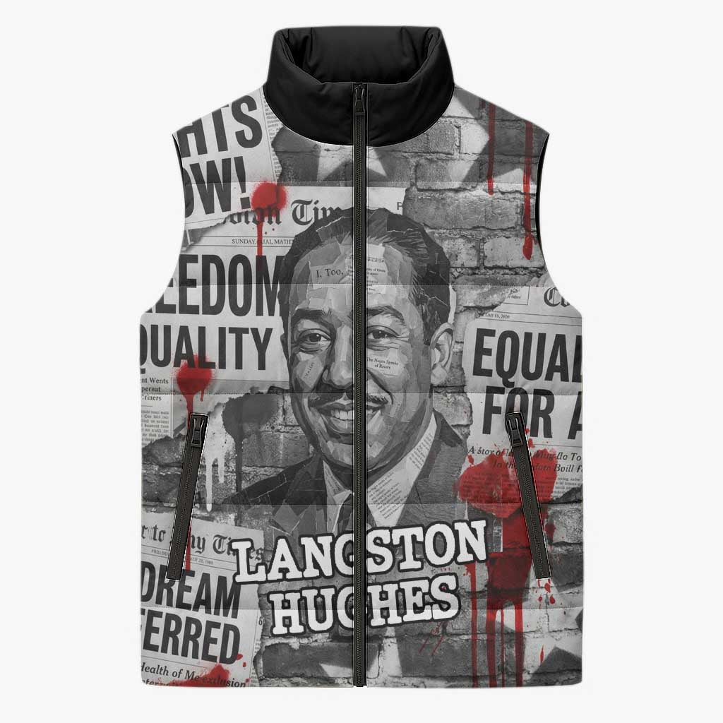 Langston Hughes Sleeveless Puffer Jacket Urban Brick Wall Design with Protest Art and Poetry Powerful Quotes - African Pride