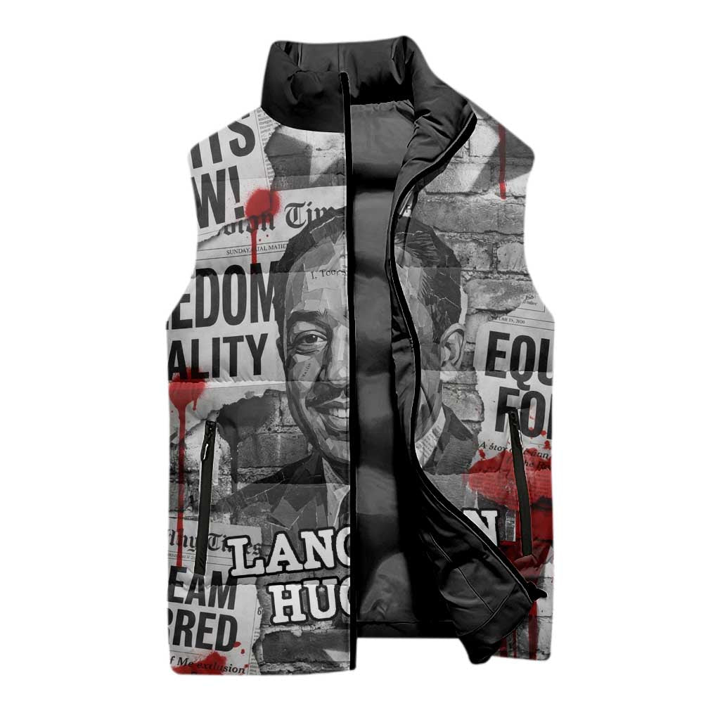 Langston Hughes Sleeveless Puffer Jacket Urban Brick Wall Design with Protest Art and Poetry Powerful Quotes - African Pride