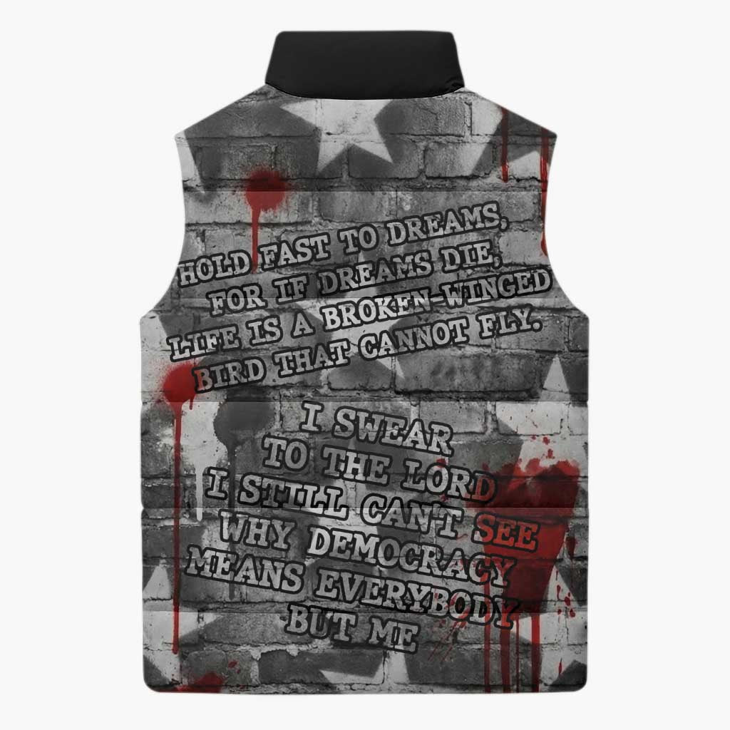 Langston Hughes Sleeveless Puffer Jacket Urban Brick Wall Design with Protest Art and Poetry Powerful Quotes - African Pride