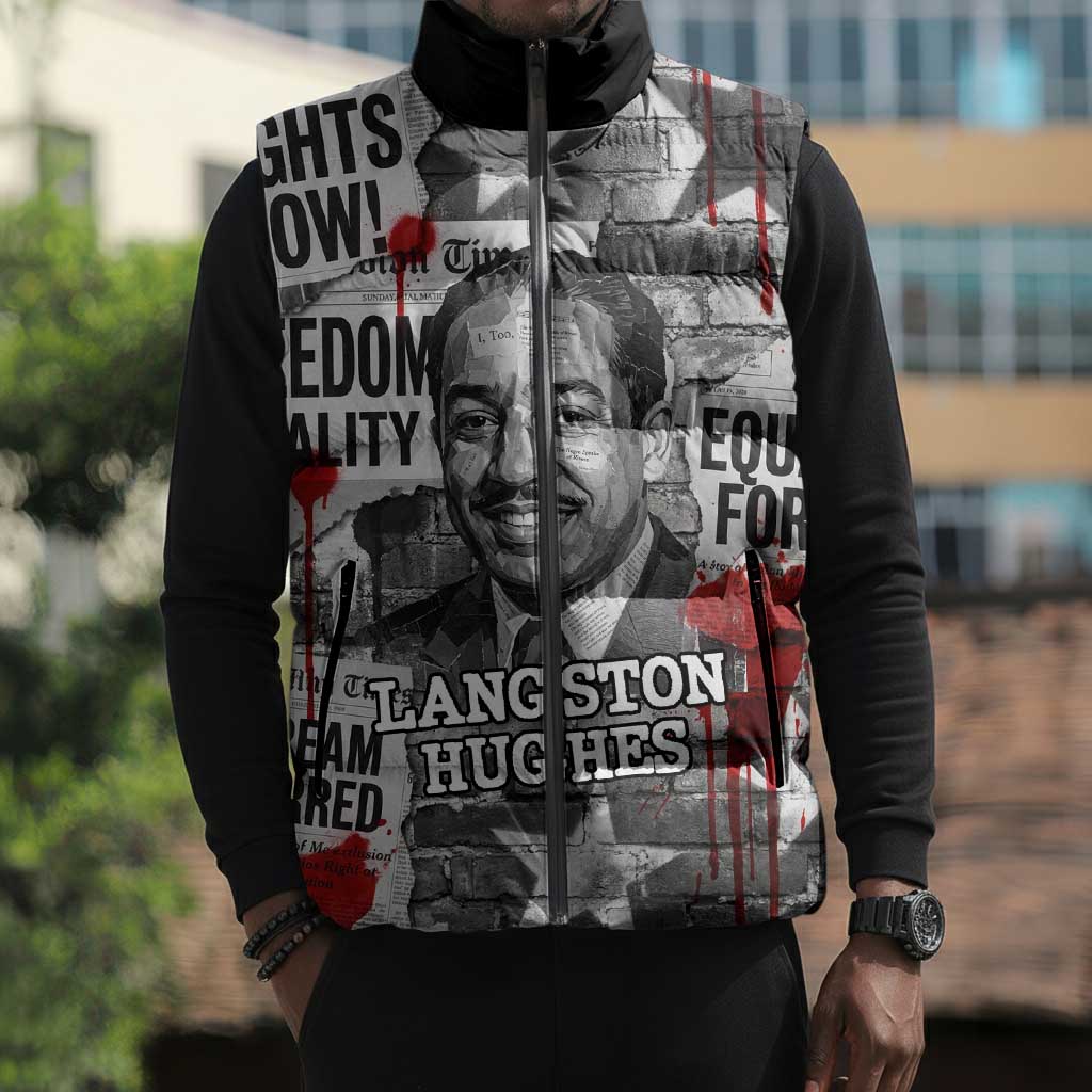 Langston Hughes Sleeveless Puffer Jacket Urban Brick Wall Design with Protest Art and Poetry Powerful Quotes - African Pride