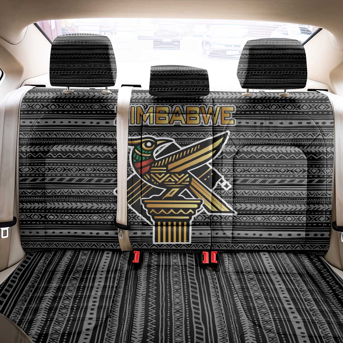 Zimbabwean Bird Statue Back Car Seat Cover Tribal Pattern Flag Patch and Heritage Symbol
