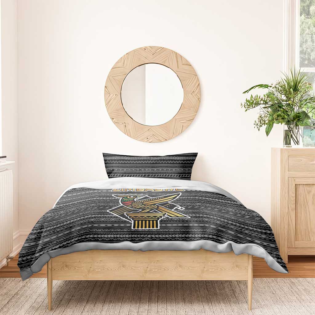 Zimbabwean Bird Statue Bedding Set Tribal Pattern Flag Patch and Heritage Symbol