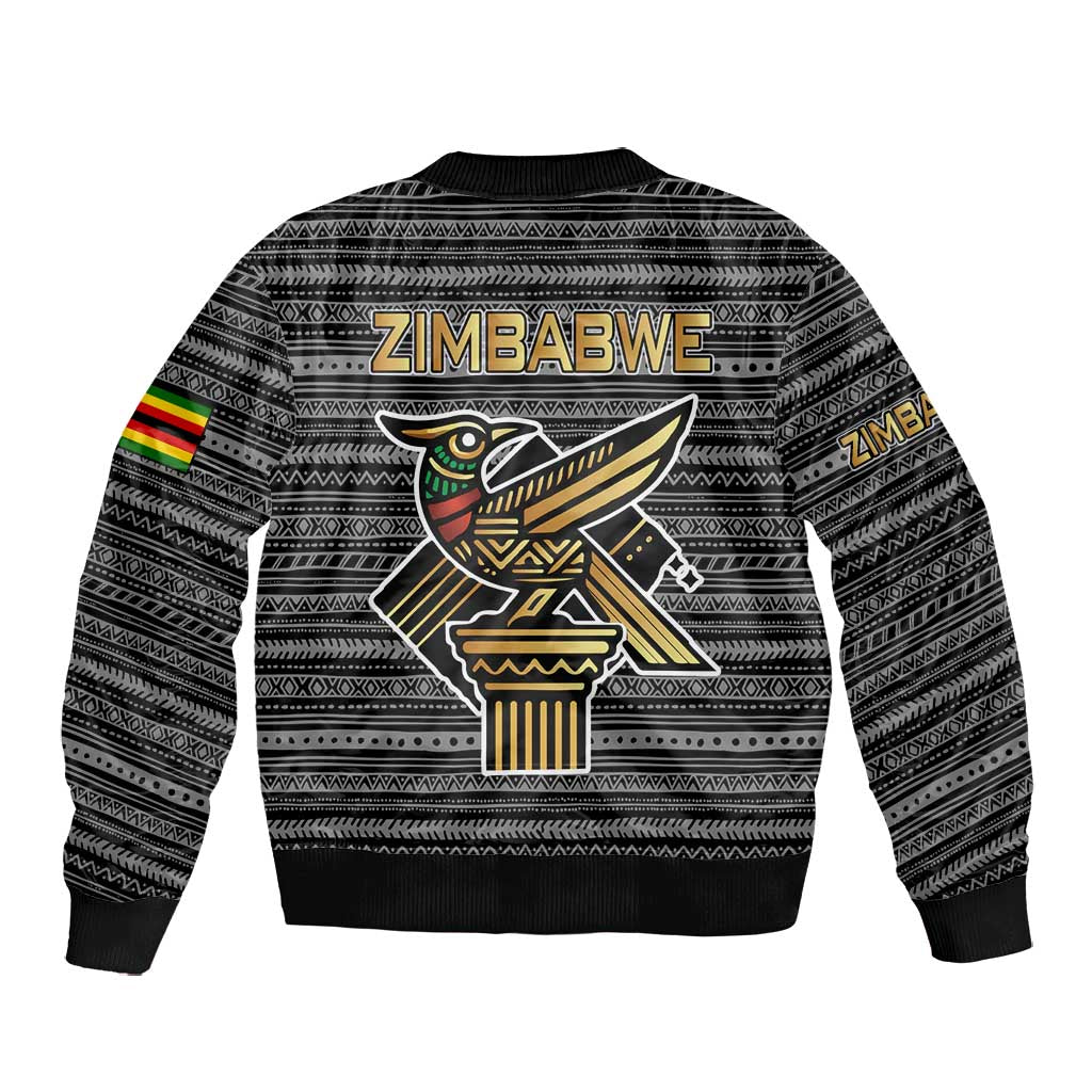 Zimbabwean Bird Statue Bomber Jacket Tribal Pattern Flag Patch and Heritage Symbol