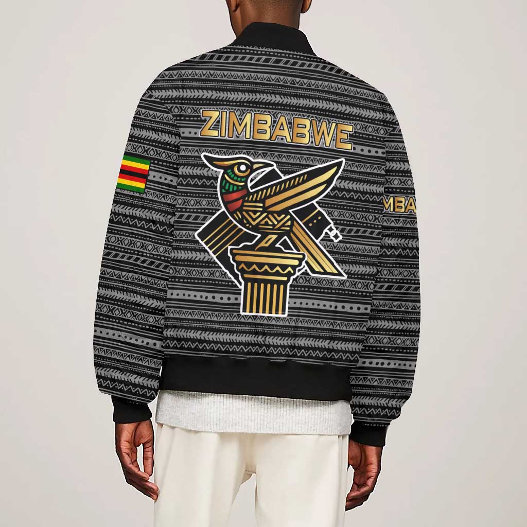 Zimbabwean Bird Statue Bomber Jacket Tribal Pattern Flag Patch and Heritage Symbol
