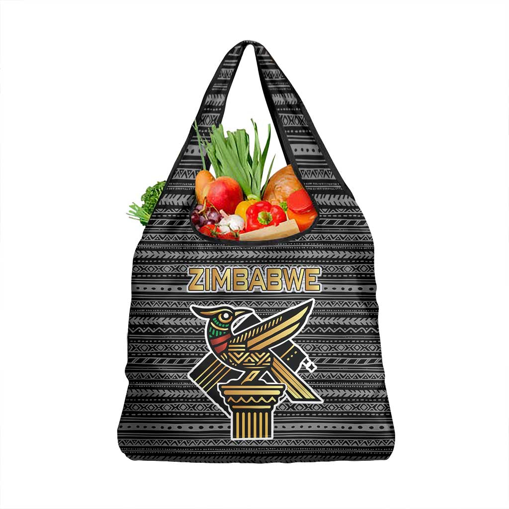 Zimbabwean Bird Statue Grocery Bag Tribal Pattern Flag Patch and Heritage Symbol
