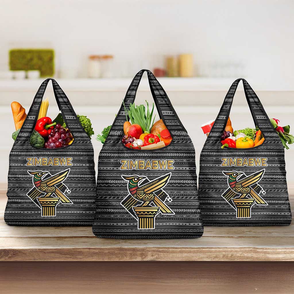 Zimbabwean Bird Statue Grocery Bag Tribal Pattern Flag Patch and Heritage Symbol