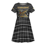 Zimbabwean Bird Statue Kid Short Sleeve Dress Tribal Pattern Flag Patch and Heritage Symbol
