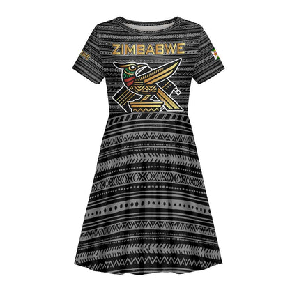 Zimbabwean Bird Statue Kid Short Sleeve Dress Tribal Pattern Flag Patch and Heritage Symbol