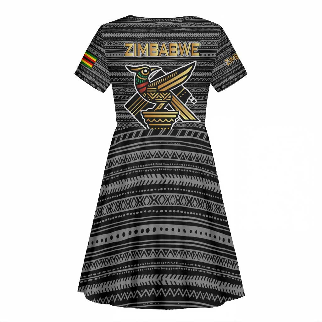 Zimbabwean Bird Statue Kid Short Sleeve Dress Tribal Pattern Flag Patch and Heritage Symbol