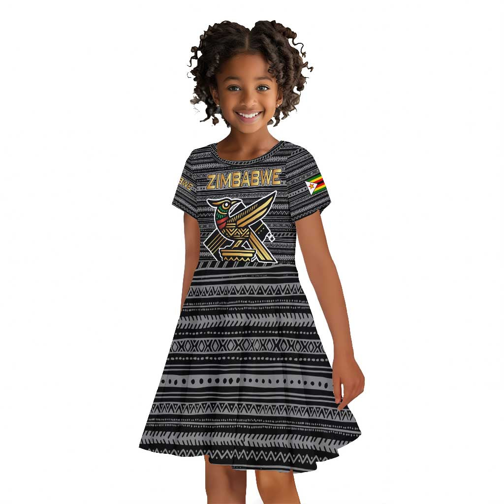 Zimbabwean Bird Statue Kid Short Sleeve Dress Tribal Pattern Flag Patch and Heritage Symbol