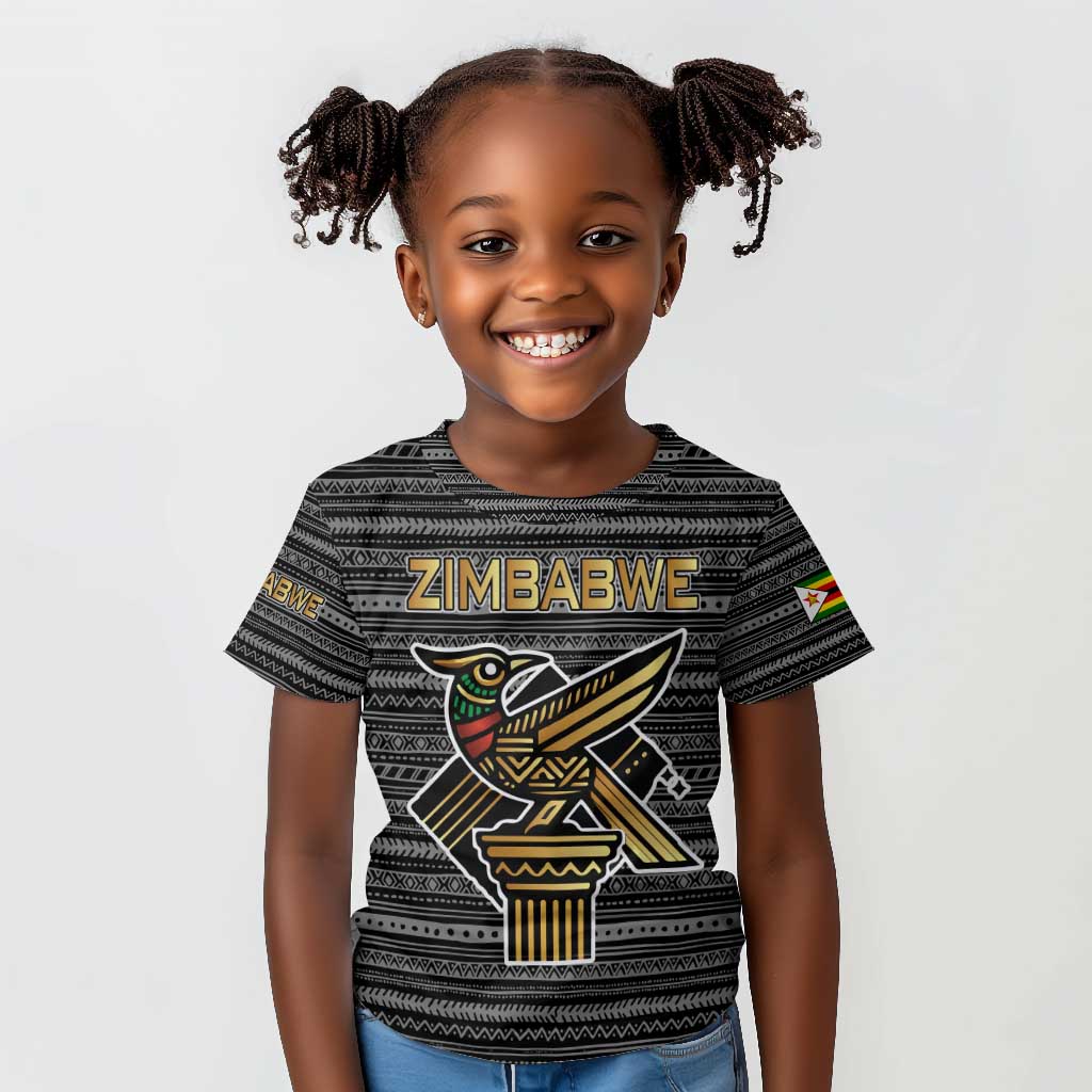Zimbabwean Bird Statue Kid T shirt Tribal Pattern Flag Patch and Heritage Symbol