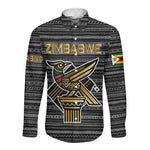 Zimbabwean Bird Statue Long Sleeve Button Shirt Tribal Pattern Flag Patch and Heritage Symbol