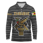 Zimbabwean Bird Statue Long Sleeve Polo Shirt Tribal Pattern Flag Patch and Heritage Symbol