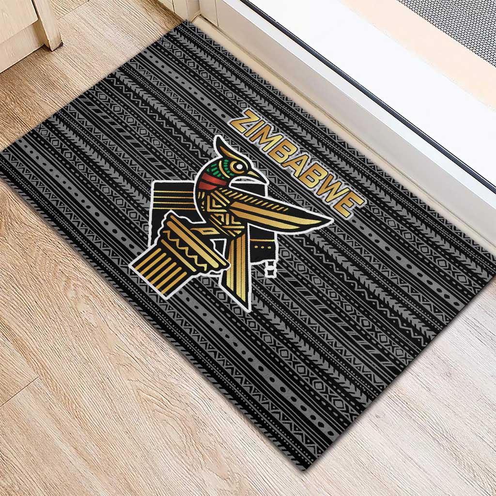 Zimbabwean Bird Statue Rubber Doormat Tribal Pattern Flag Patch and Heritage Symbol