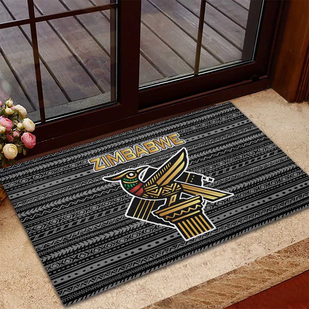 Zimbabwean Bird Statue Rubber Doormat Tribal Pattern Flag Patch and Heritage Symbol