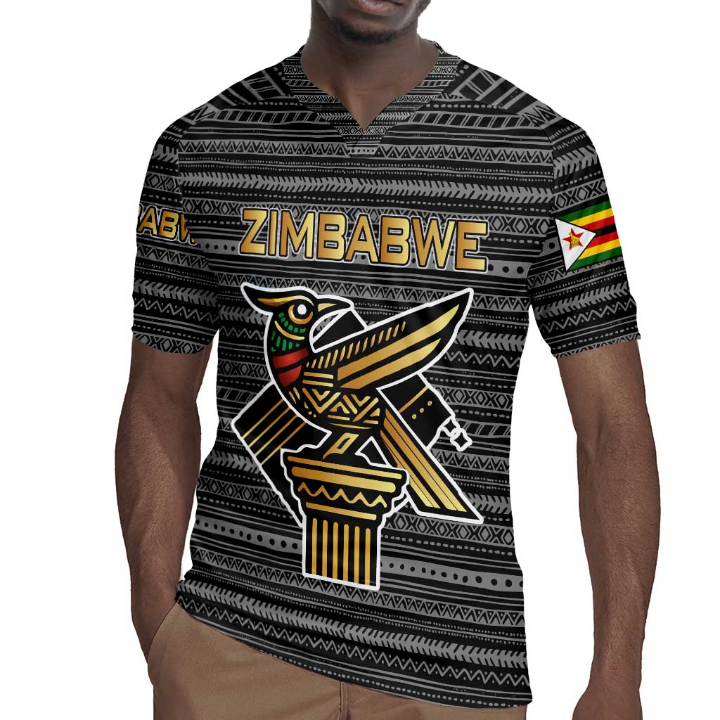 Zimbabwean Bird Statue Rugby Jersey Tribal Pattern Flag Patch and Heritage Symbol