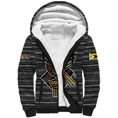 Zimbabwean Bird Statue Sherpa Hoodie Tribal Pattern Flag Patch and Heritage Symbol