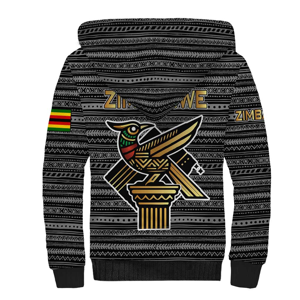 Zimbabwean Bird Statue Sherpa Hoodie Tribal Pattern Flag Patch and Heritage Symbol