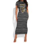 Zimbabwean Bird Statue Short Sleeve Bodycon Dress Tribal Pattern Flag Patch and Heritage Symbol