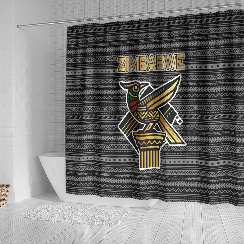 Zimbabwean Bird Statue Shower Curtain Tribal Pattern Flag Patch and Heritage Symbol