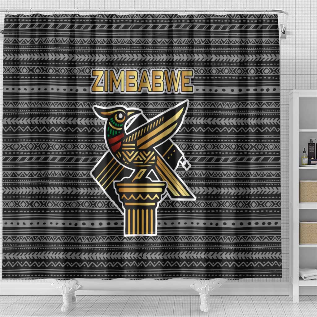 Zimbabwean Bird Statue Shower Curtain Tribal Pattern Flag Patch and Heritage Symbol