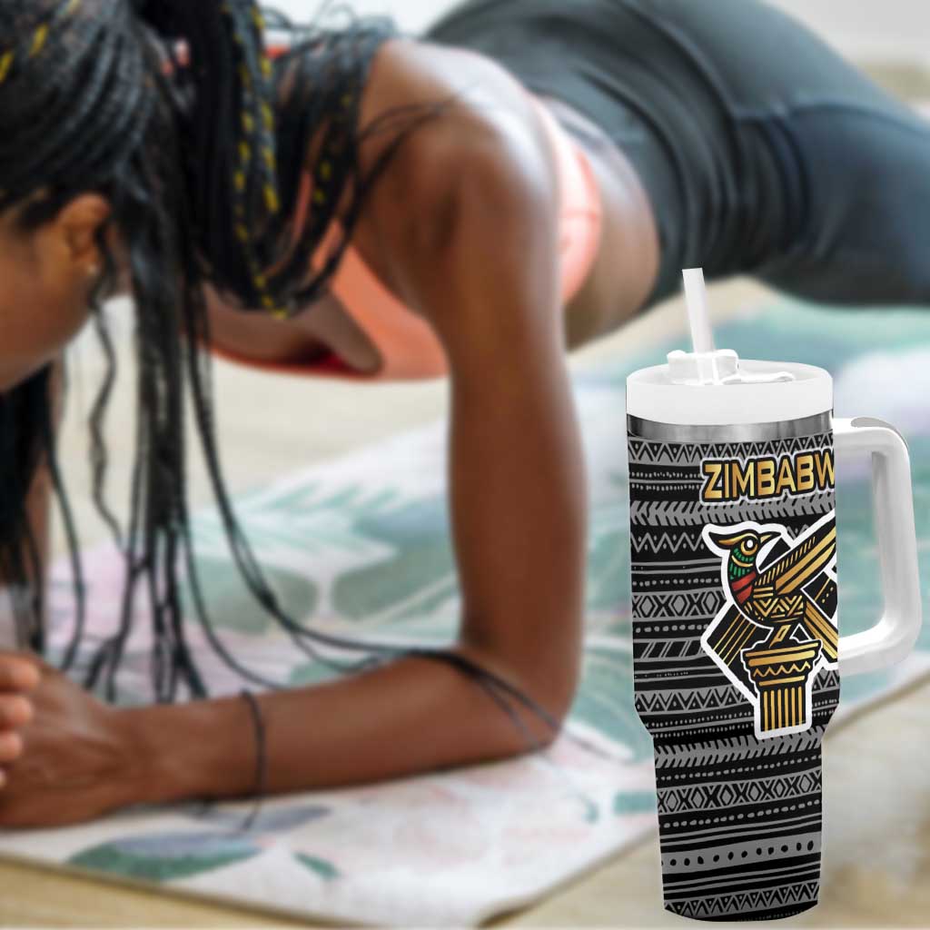 Zimbabwean Bird Statue Tumbler With Handle Tribal Pattern Flag Patch and Heritage Symbol