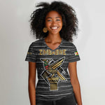 Zimbabwean Bird Statue Women V-Neck T-Shirt Tribal Pattern Flag Patch and Heritage Symbol