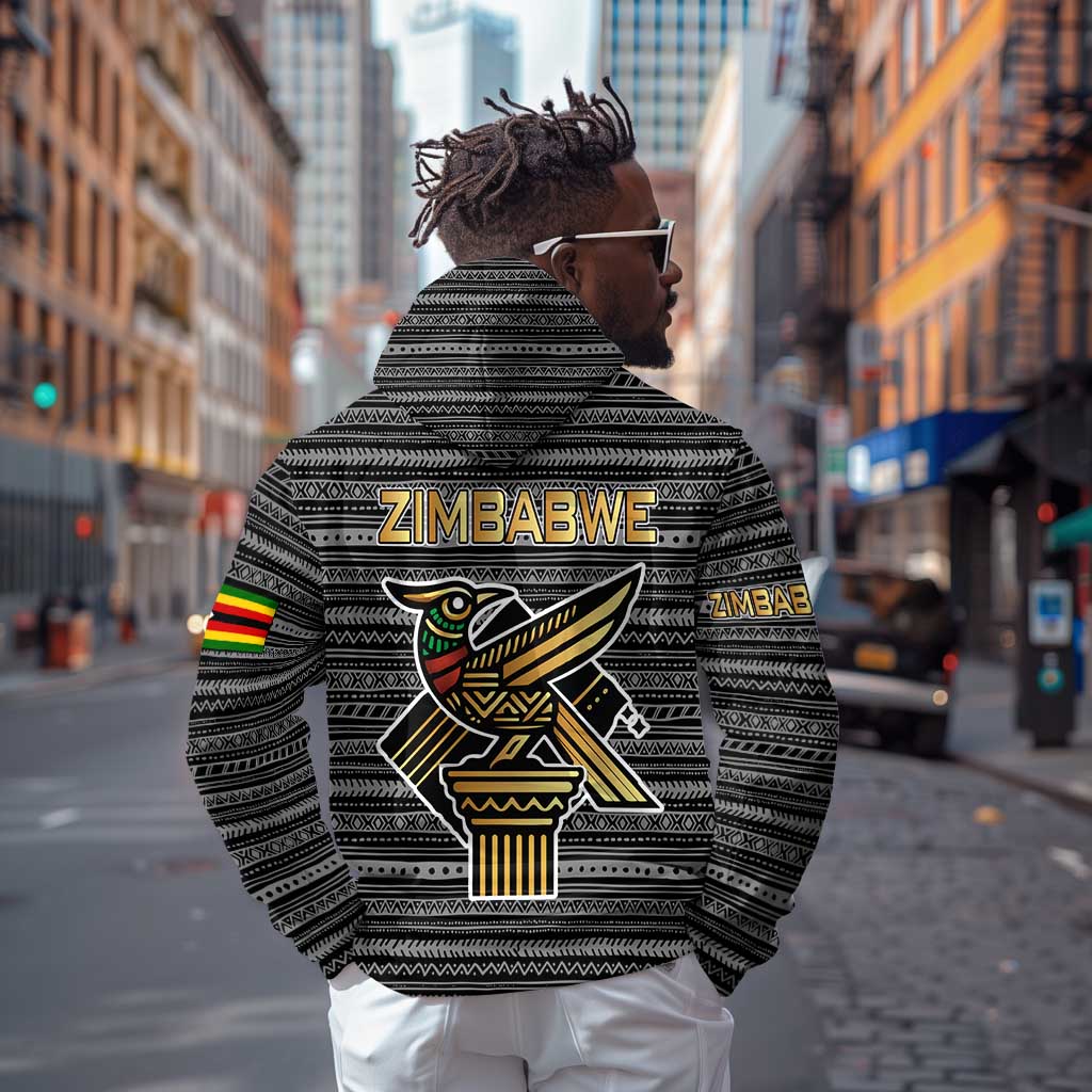 Zimbabwean Bird Statue Zip Hoodie Tribal Pattern Flag Patch and Heritage Symbol