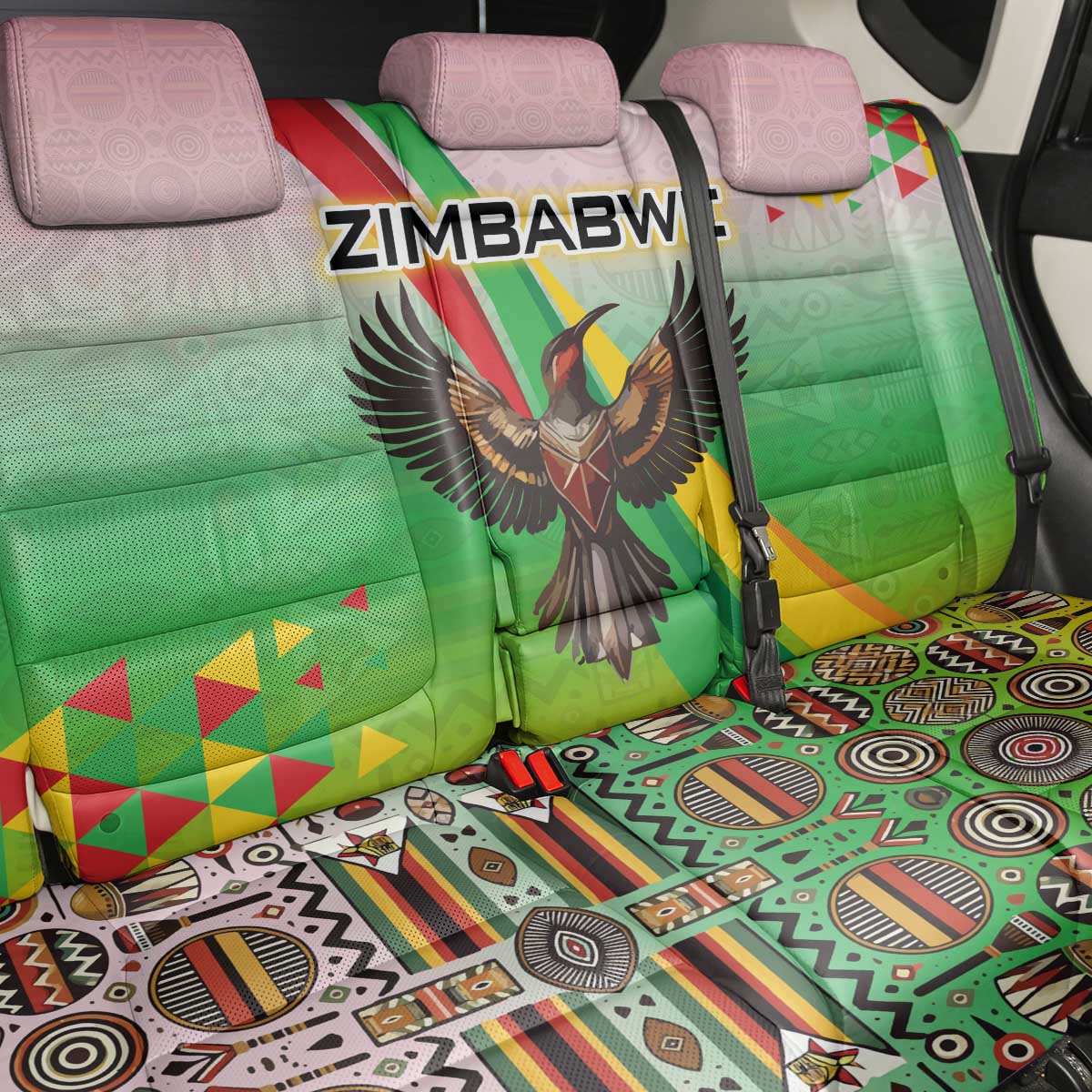 Vibe Zimbabwe Back Car Seat Cover Tribal-Inspired Background with Geometric Flag Color Design