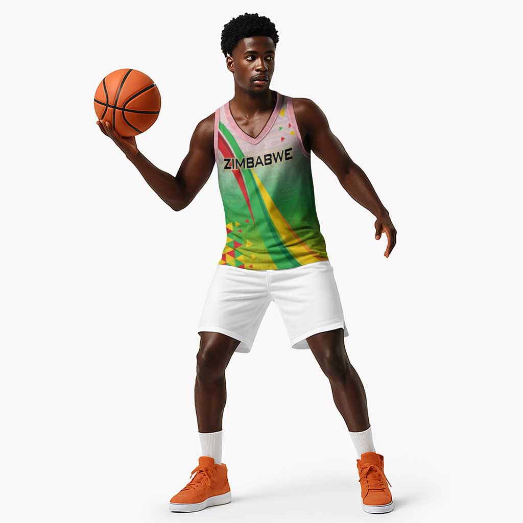 Vibe Zimbabwe Basketball Jersey Tribal-Inspired Background with Geometric Flag Color Design TS04