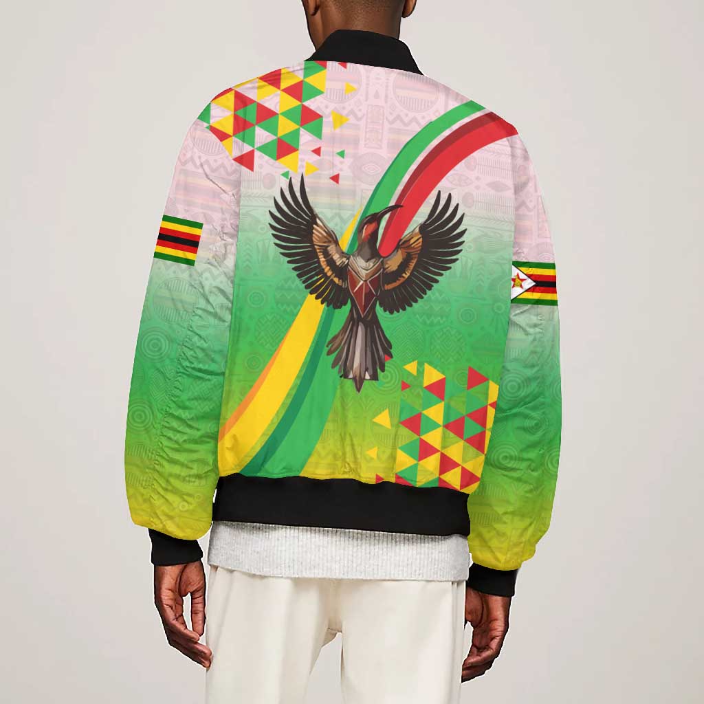 Vibe Zimbabwe Bomber Jacket Tribal-Inspired Background with Geometric Flag Color Design