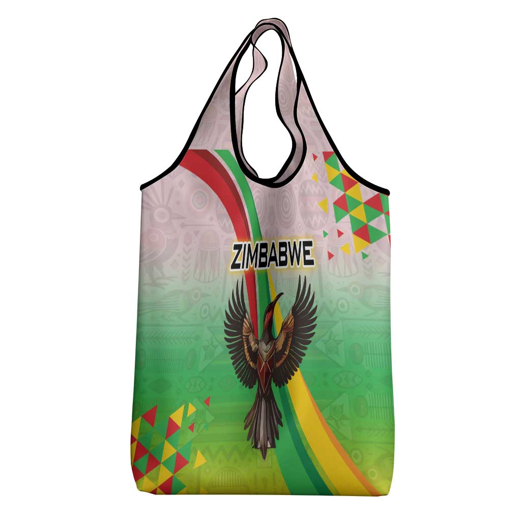 Vibe Zimbabwe Grocery Bag Tribal-Inspired Background with Geometric Flag Color Design