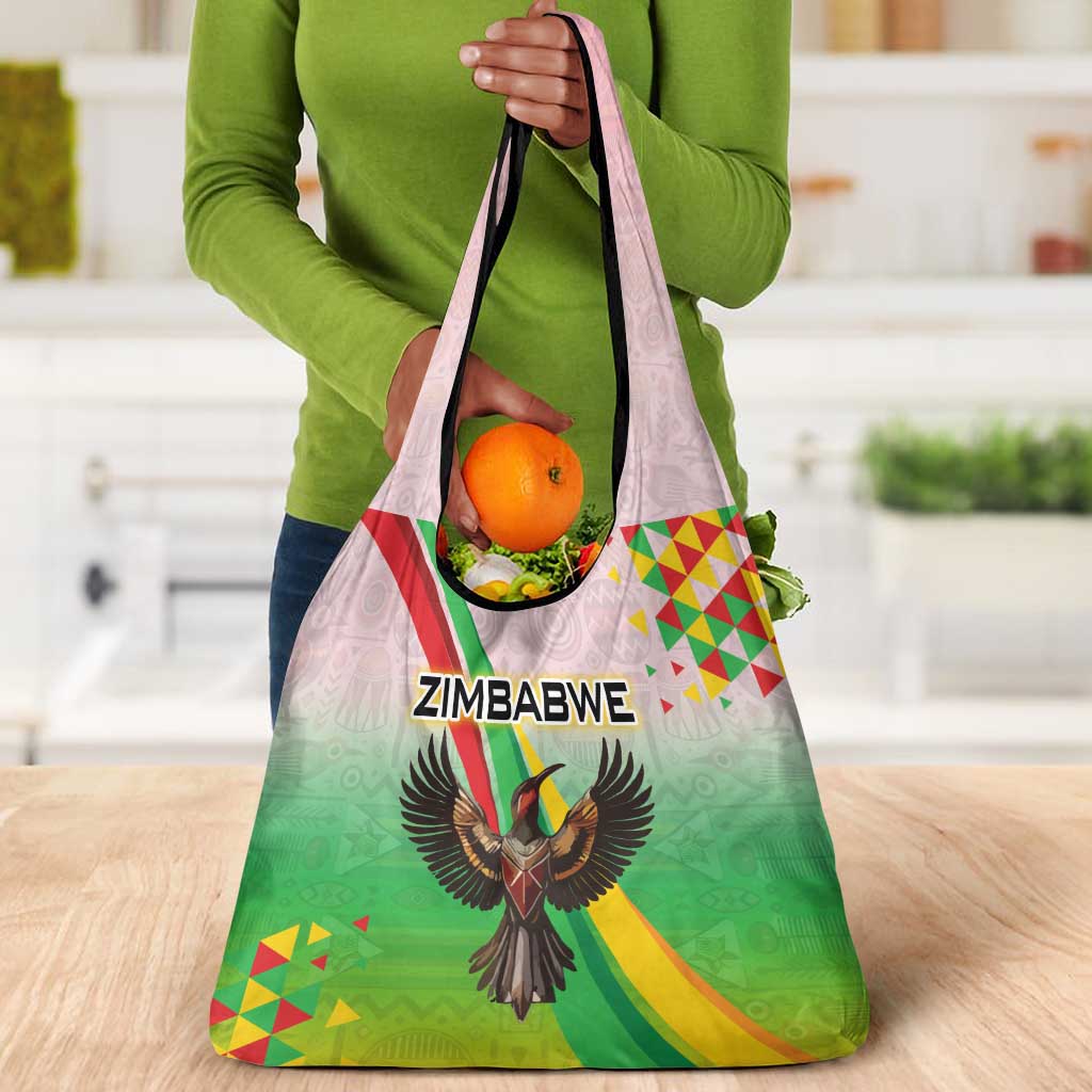 Vibe Zimbabwe Grocery Bag Tribal-Inspired Background with Geometric Flag Color Design