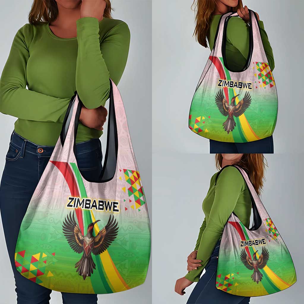 Vibe Zimbabwe Grocery Bag Tribal-Inspired Background with Geometric Flag Color Design