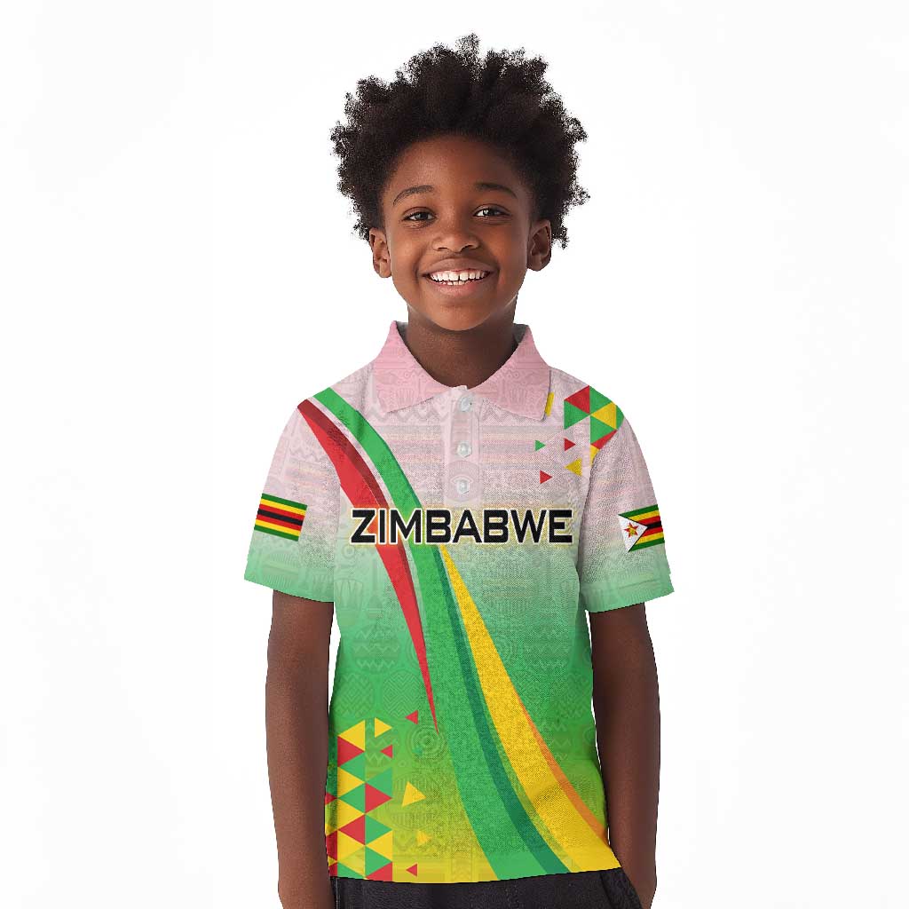 Vibe Zimbabwe Kid Polo Shirt Tribal-Inspired Background with Geometric Flag Color Design