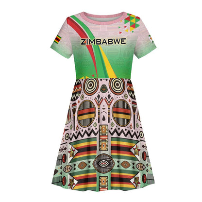Vibe Zimbabwe Kid Short Sleeve Dress Tribal-Inspired Background with Geometric Flag Color Design