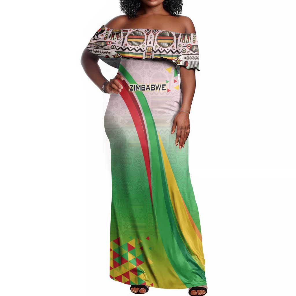 Vibe Zimbabwe Off Shoulder Maxi Dress Tribal-Inspired Background with Geometric Flag Color Design
